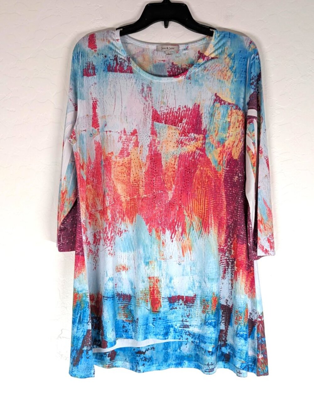 JESS & JANE Blouse L Multicolor Abstract Sequin 3/4 Sleeve Artsy USA Pullover
